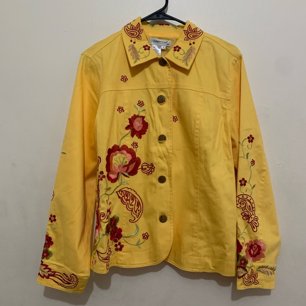 Coldwater Creek Yellow Jean Jacket with Red Embroidery